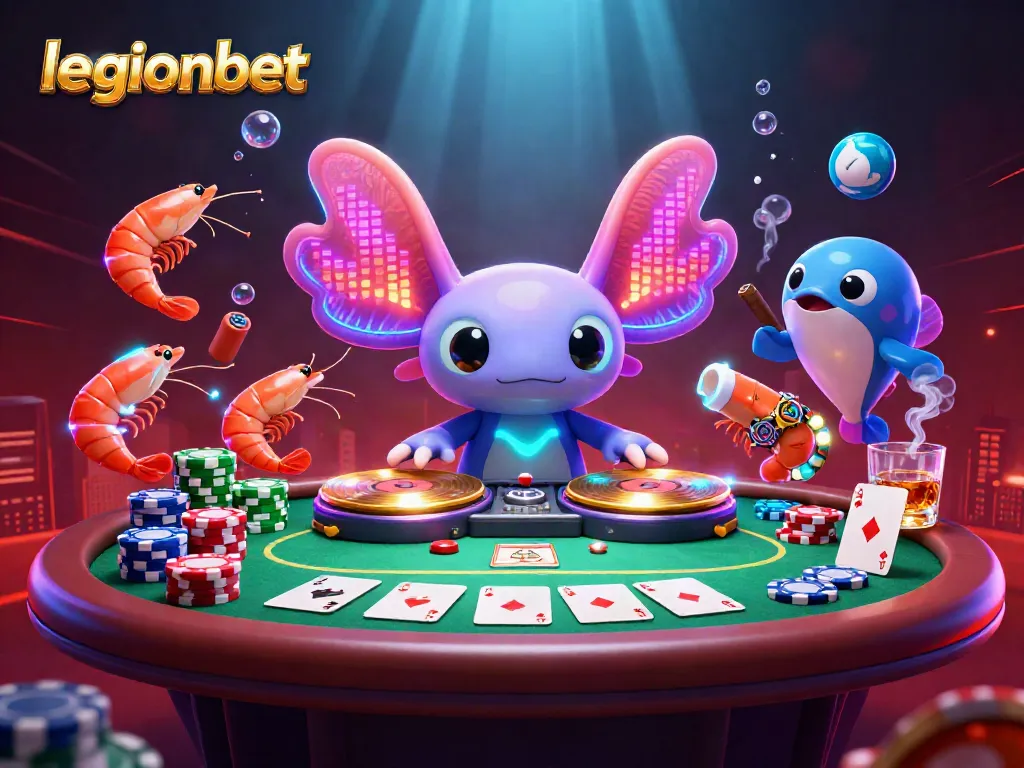Experience thrilling gameplay at legionbet with a vibrant casino scene featuring an axolotl DJ.