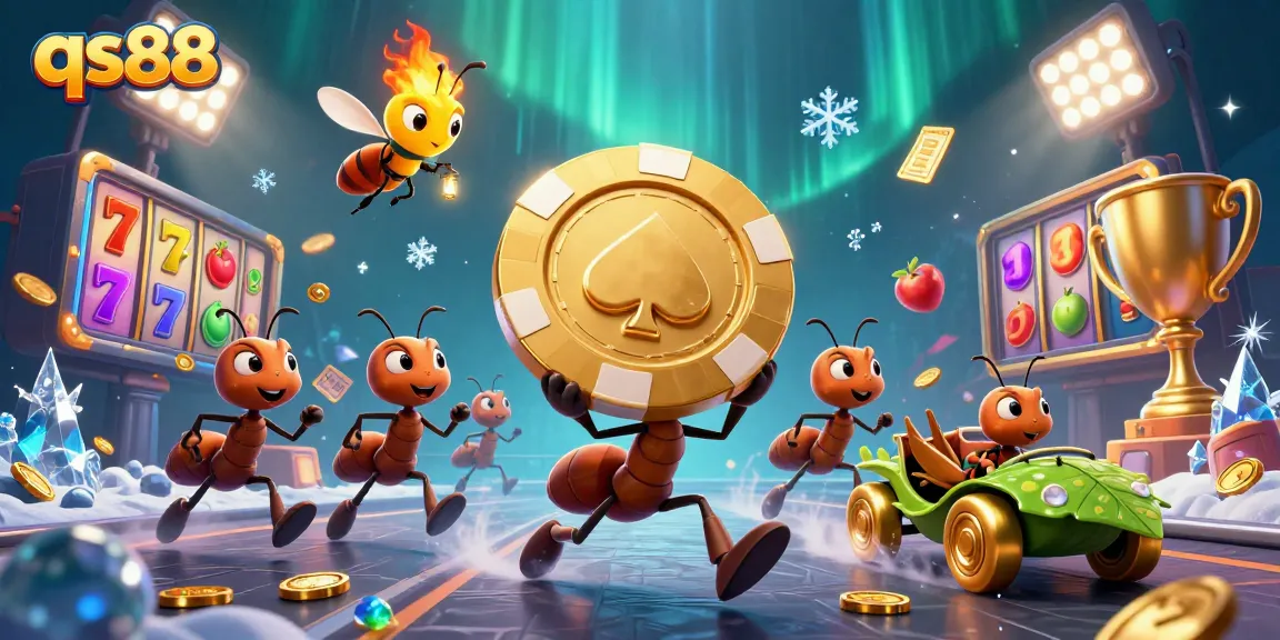 Engaging qs88 illustration of ants heisting a giant poker chip with casino elements and festive visuals.