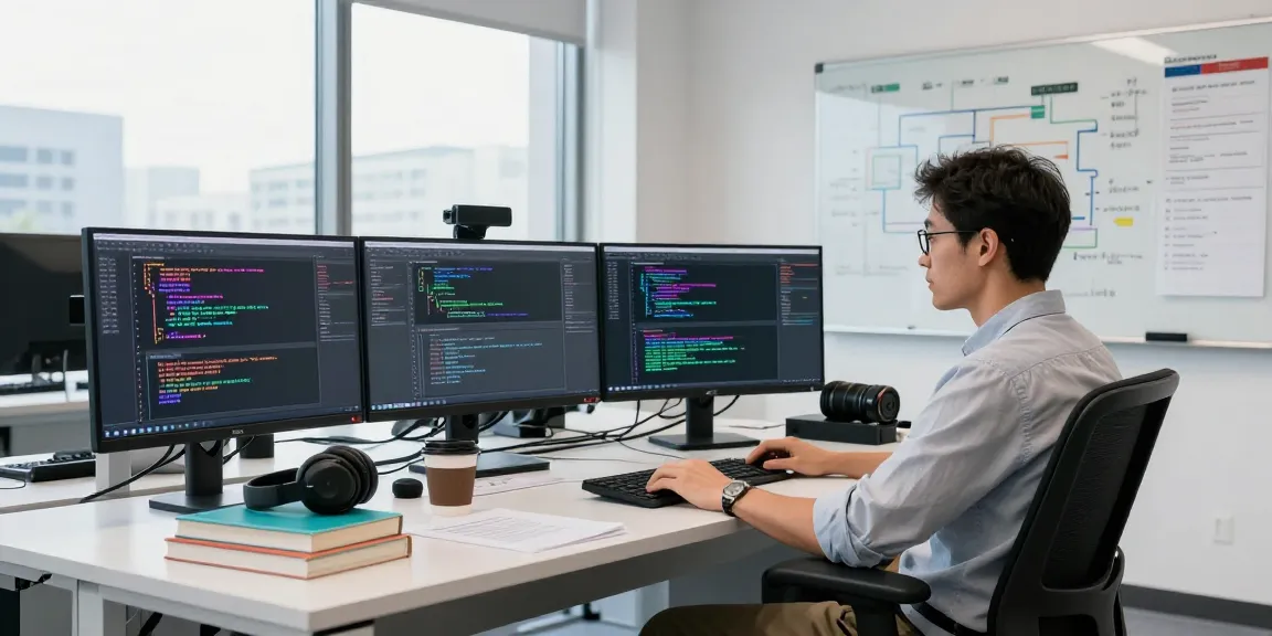 Software engineer using beta tools in a bright tech workspace for innovative development.