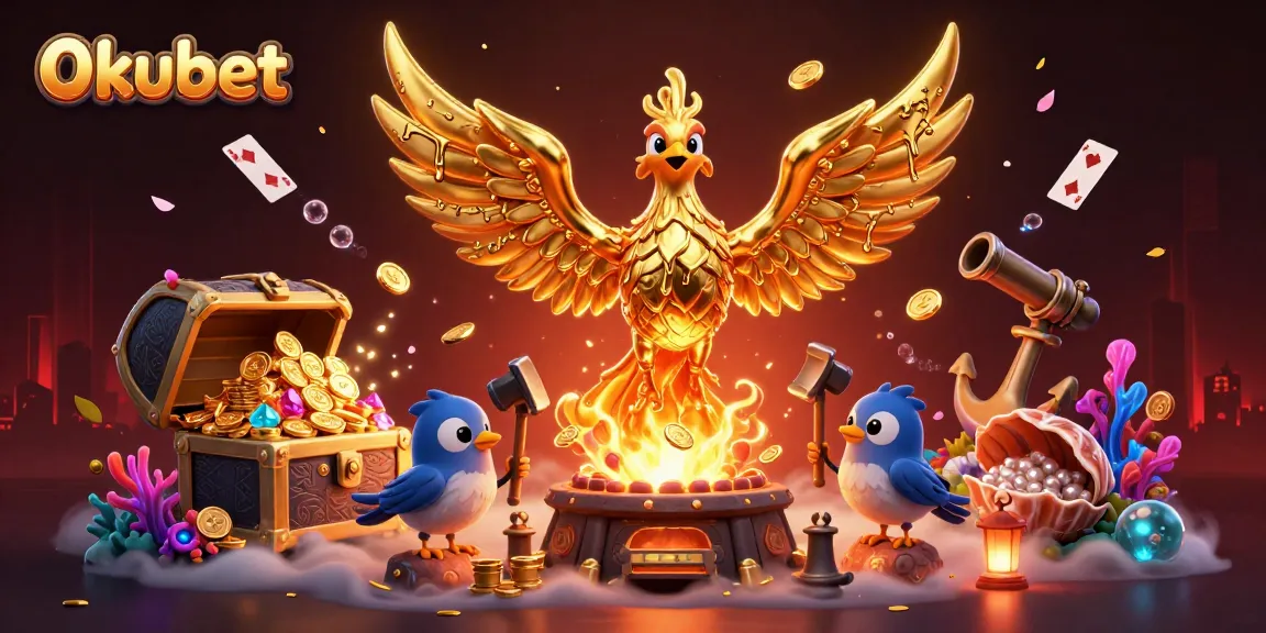 0kubet's golden phoenix soars surrounded by treasures and gaming elements, captivating casino energy.