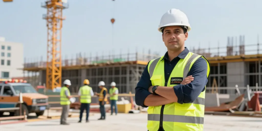 Construction Site Security guard overseeing a busy construction site, representing trusted local services and professional contractor.