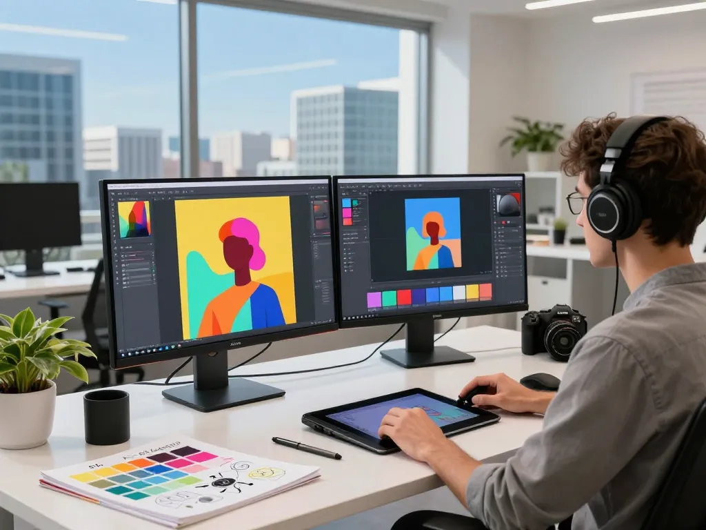 Designer using the Nano Banana Flash AI image editor in a vibrant digital art studio, surrounded by tech and creativity.