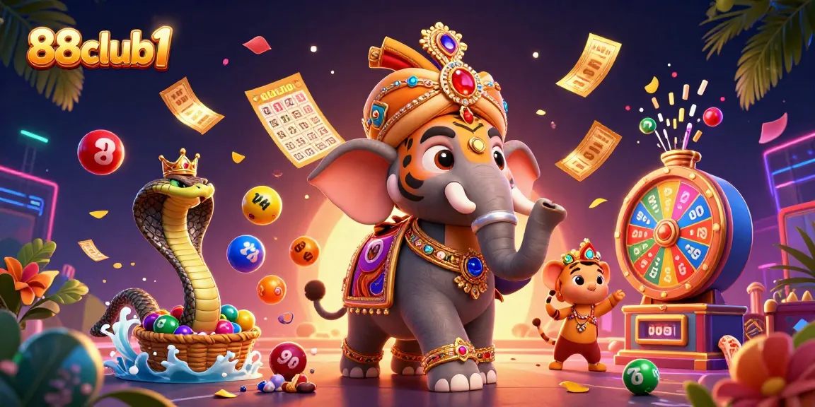 Join the fun at 88club1 with thrilling games and colorful lottery elements in a vibrant casino illustration.