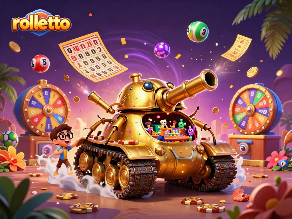 Rolletto casino experiences unfold within a golden beetle tank, bursting with colorful gaming elements.