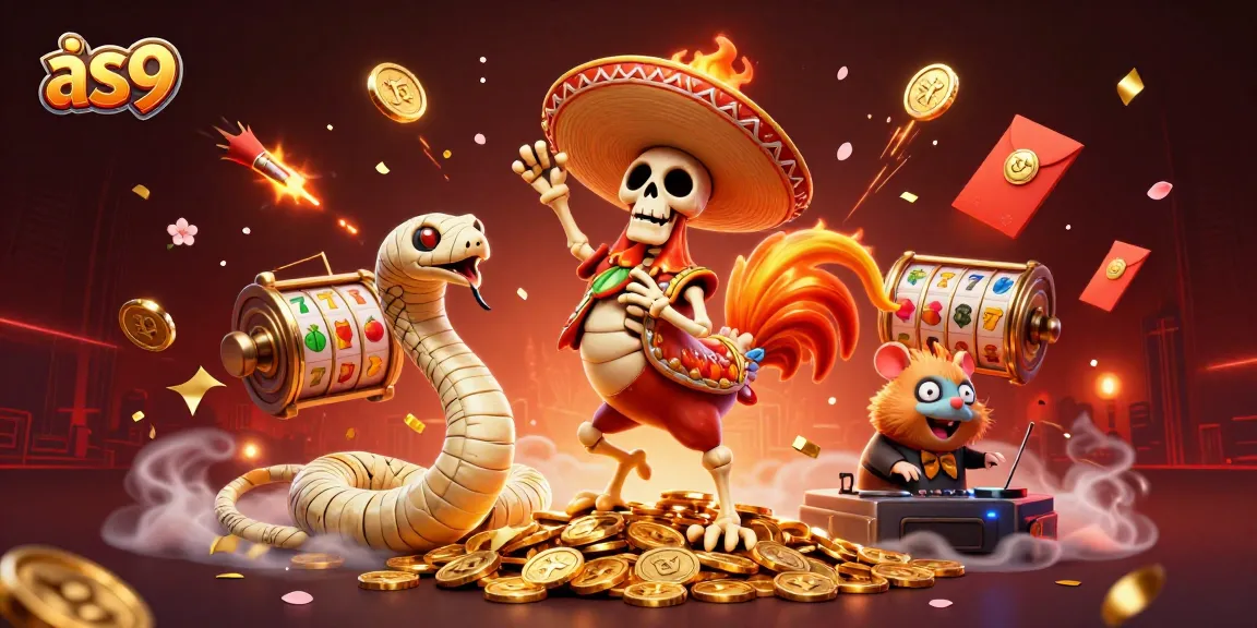 Experience thrilling victory at as9 casino with a dancing skeleton amidst slot elements and festive decorations.