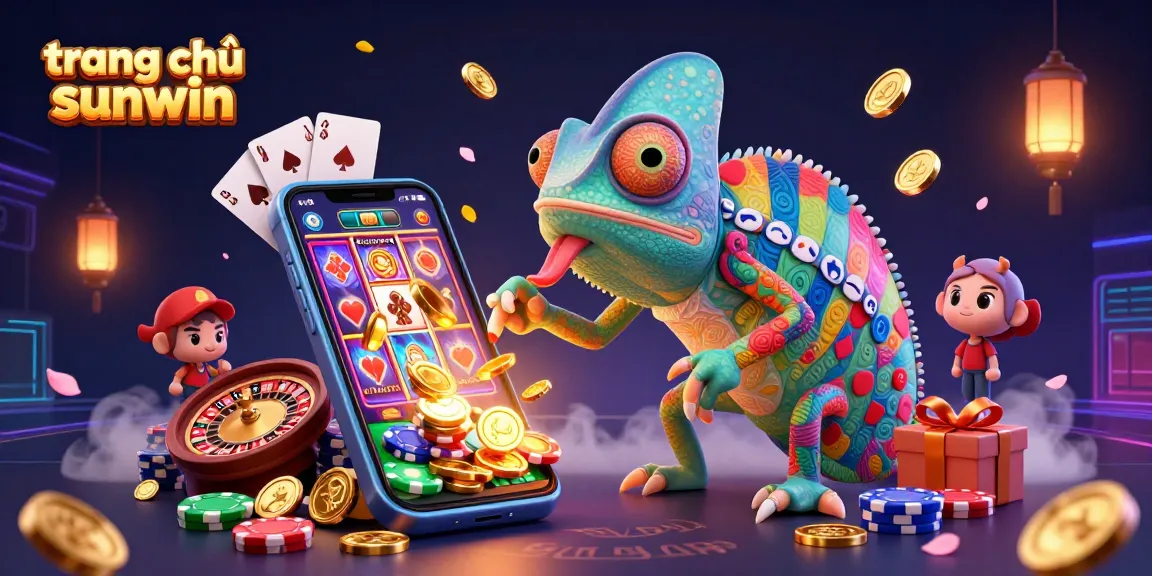 Win big at trang chủ sunwin, featuring a chameleon casino owner amid vibrant slots and coins.
