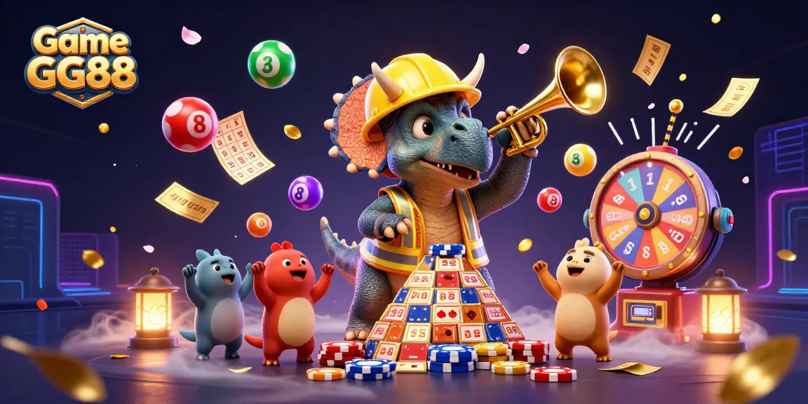 Win big with Game GG88, featuring a triceratops celebrating over a pyramid of poker chips!