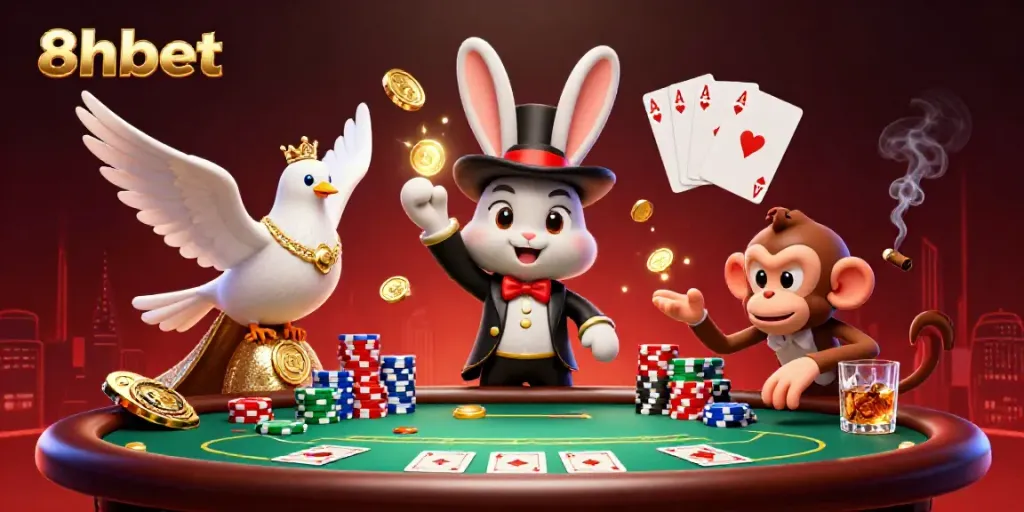 Experience the magical world of 8xbet with a captivating scene of a magician rabbit, dove assistant, and monkey amidst poker action.