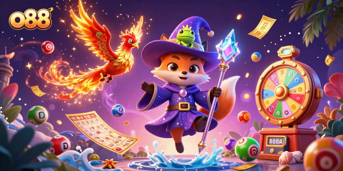 Experience the excitement of o88 with a vibrant 3D casino scene featuring a wizard fox, phoenix, and lottery elements.