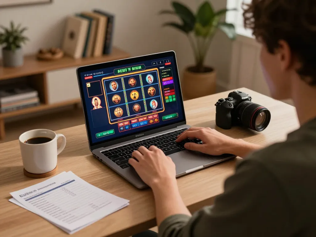 Engaged player at home utilizing 789 win online casino app on laptop for strategic gaming.