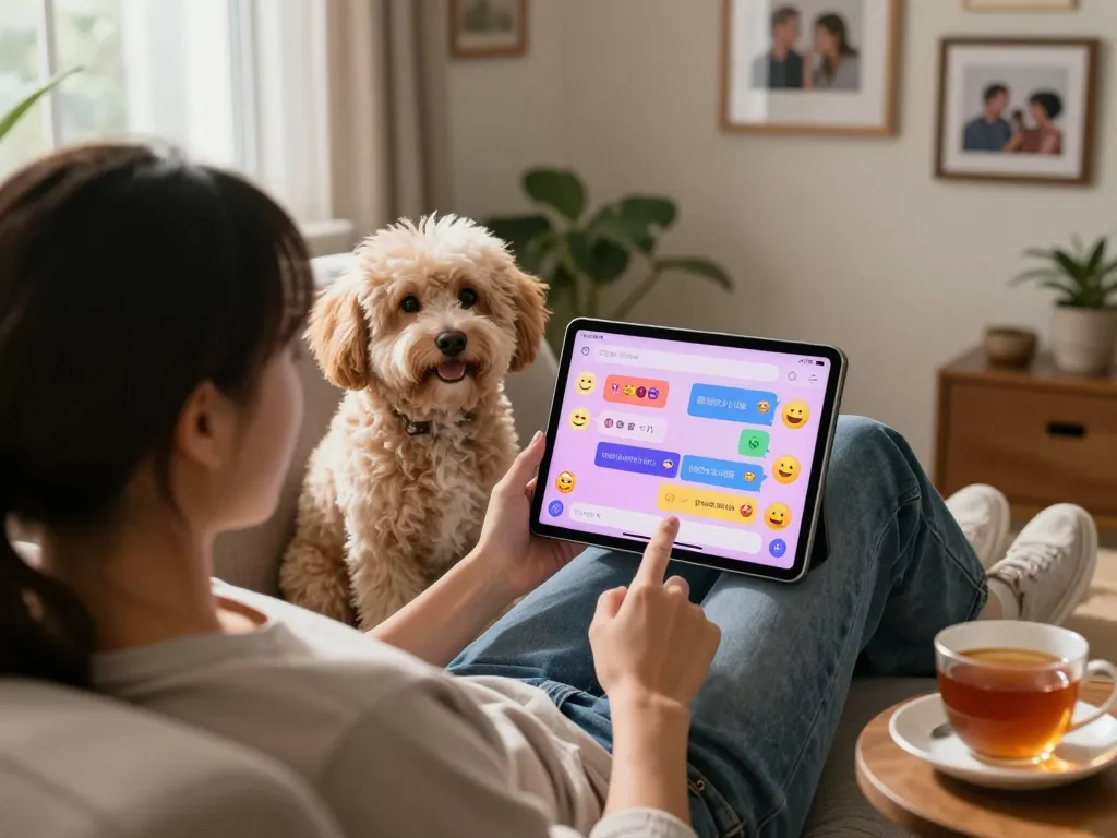 Person interacting with an AI girlfriend chatbot on a tablet in a cozy home setting.