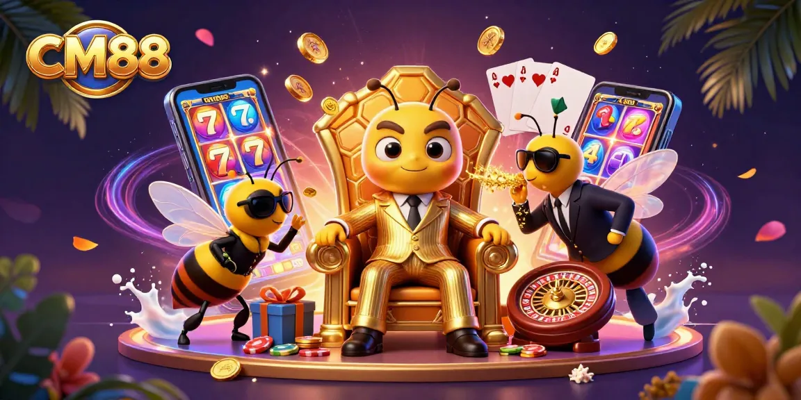 Spin the reels with CM88-inspired casino characters in a vibrant online gaming scene.
