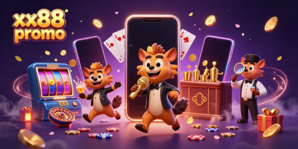 Experience the vibrant world of xx88 promo with hyenas in a lively casino scene