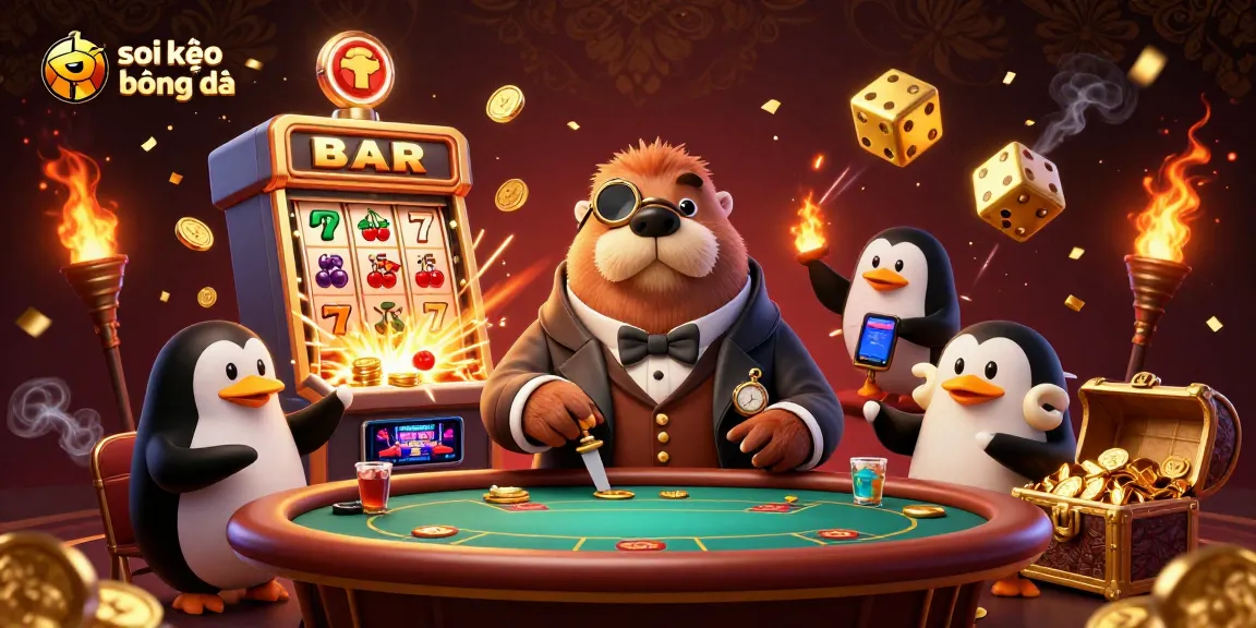 Soi kèo bóng đá features dynamic underwater gambling scene with walrus and penguin dealer.