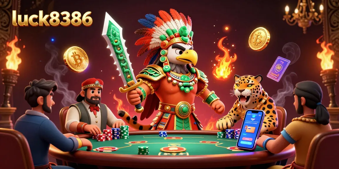 Engage in winning strategies with Luck8386's vibrant 3D casino scene showcasing poker excitement and crypto elements.