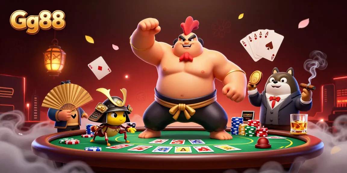 Experience thrill with Gg88 as a sumo wrestler rooster and samurai cricket collide in a vibrant casino