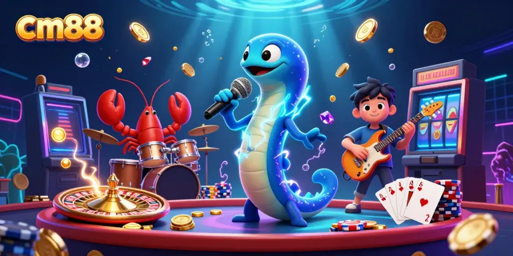 Experience thrilling games at cm88 with an electrifying DJ eel, shimmering coins, and vibrant casino action.