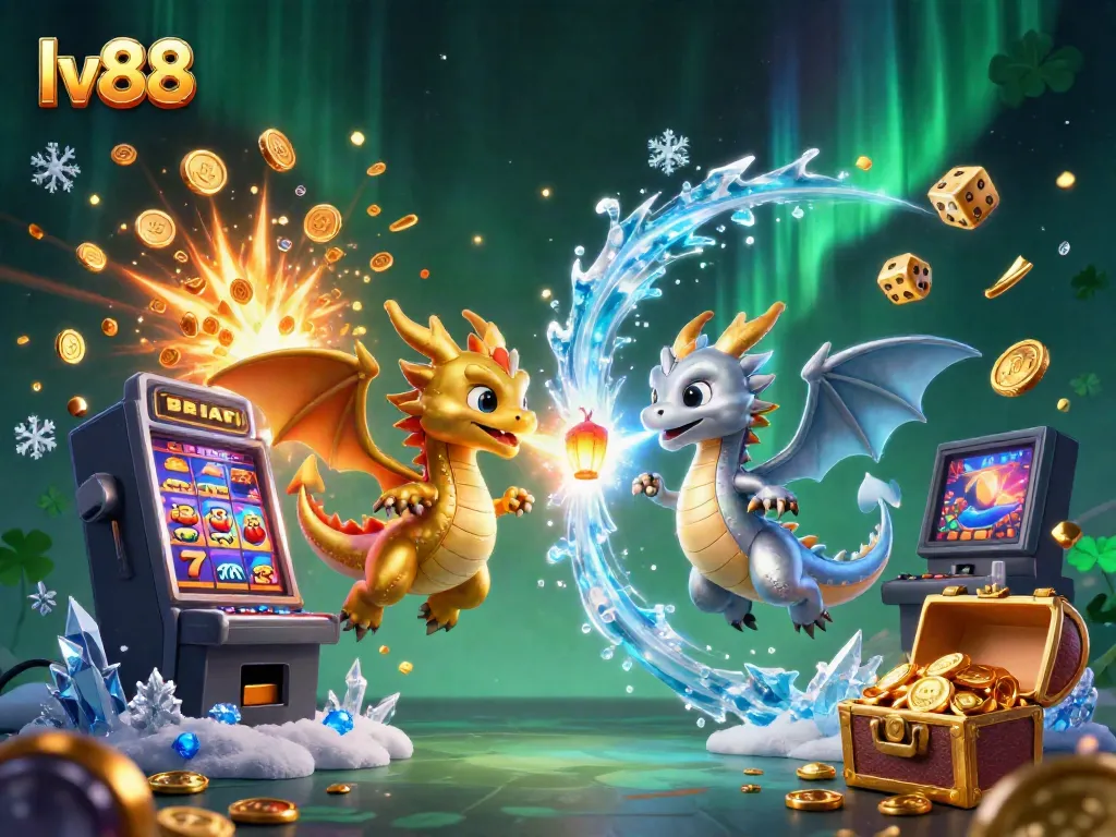 Engaging scene depicting the lv88 online casino experience with vibrant dragons, slot machines, and dynamic game elements.