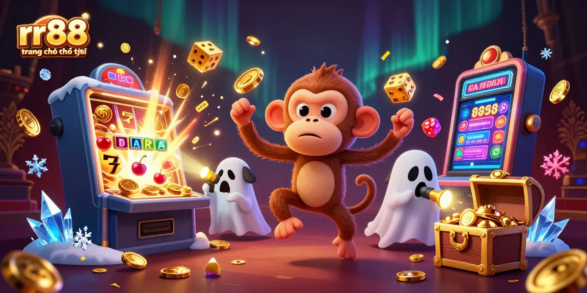 Experience the thrill of rr88 trang chủ chính thức with a dynamic casino scene featuring a mischievous monkey and a ghost-hunter puppy.