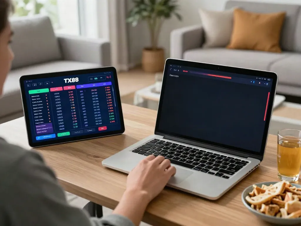User enjoying online sports betting on http://tx88-onl.net/ in a cozy living room with stats displayed.