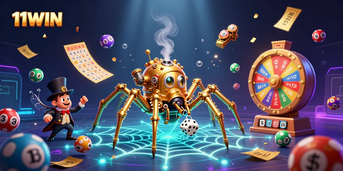 Experience the thrill at 11WIN with vibrant lottery balls and a unique steampunk scene.