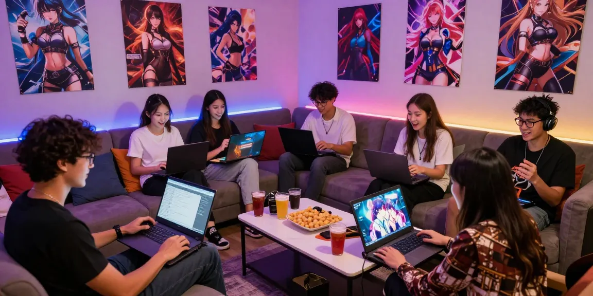 Friends gaming with laptops and tablets, enjoying a hentai game in a lively lounge
