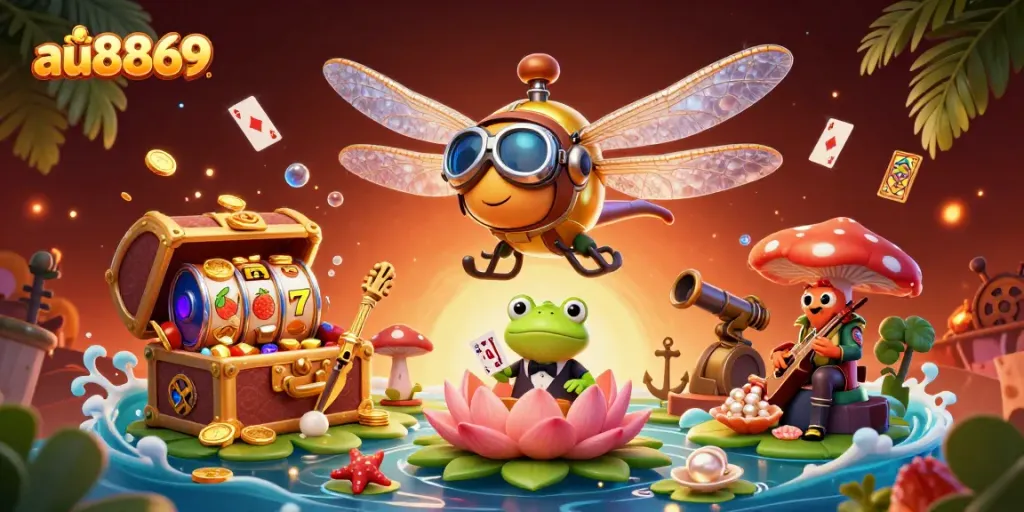 Experience the excitement of au8869 with our unique casino-themed 3D illustration featuring a vibrant lily pad casino.