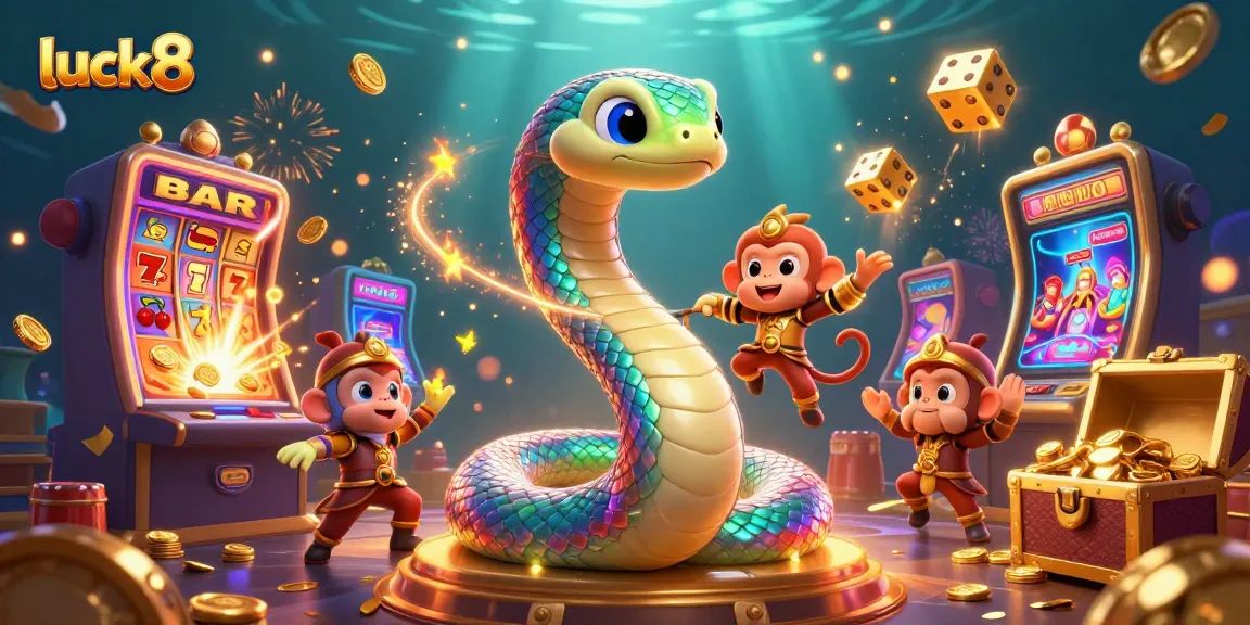 Play exciting games at luck8, where vibrant elements and enormous jackpots come alive in a magical casino scene.