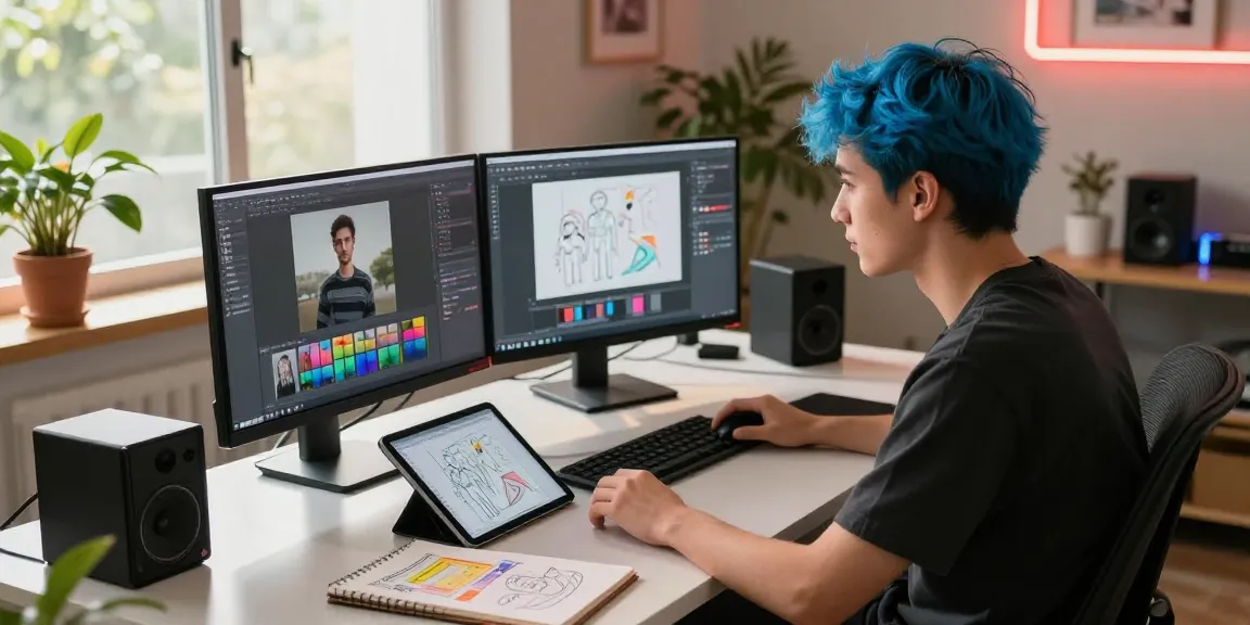 Creative workspace showcasing 18+ ai digital art tools and graphic designs in a cozy atmosphere.