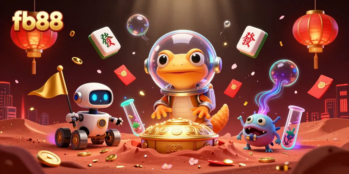 Experience the thrill of fb88, illustrated by a vibrant Martian scene revealing a golden casino filled with gambling elements.