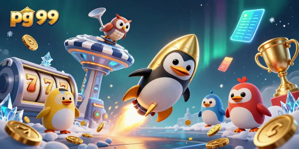 Experience the excitement of pg 99 with a golden penguin racing to a casino starship.