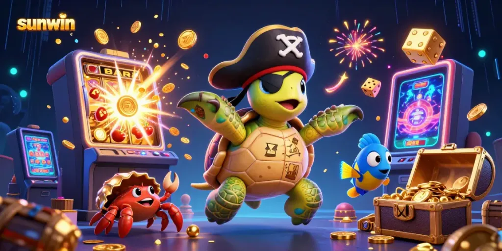 Experience the thrilling world of sunwin with a vibrant 3D scene featuring a pirate turtle, treasure, and casino elements.