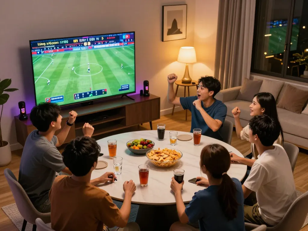 Lương Sơn TV viewers enjoying a thrilling live soccer match at home with snacks and drinks.