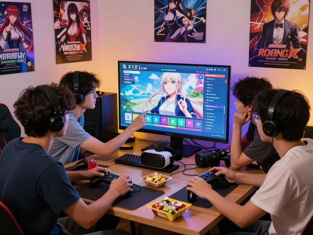 Exciting gaming night with friends enjoying lewdspot adult visual novel games on a large screen, engaging with diverse characters and choices.