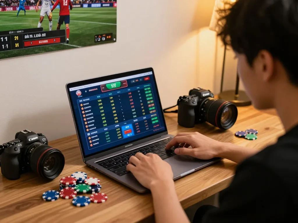 Engaging in strategic sports betting with nhà cái on laptop at home, showcasing various betting odds and focused gameplay.