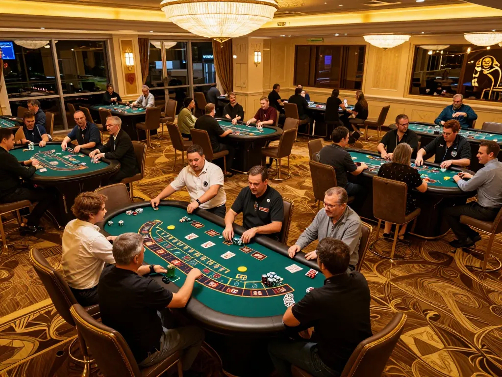 Players enjoying blackjack and roulette at an upscale casino showcasing the excitement of 888b