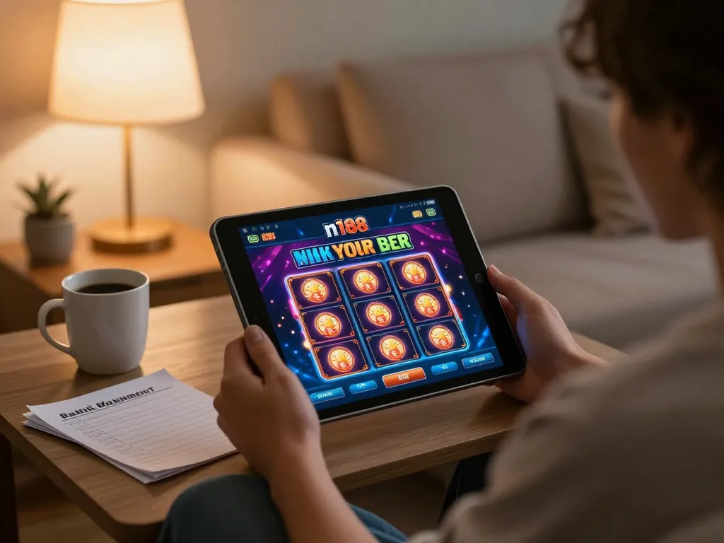 Player engaging with slots on n188 com tablet at home, illustrating relaxed online gambling