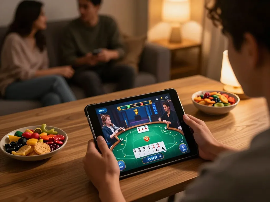 Engaging in iwin gameplay at home with friends, showcasing a cozy gaming scene