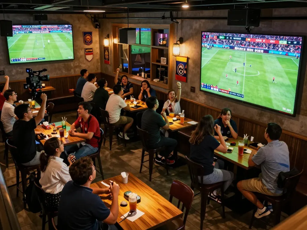 Exciting scene of patrons watching bóng đá trực tuyến during a lively sports event at a bar.