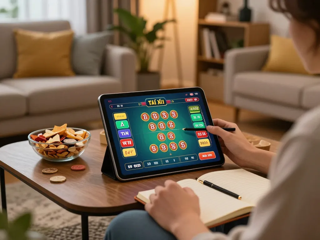 Engaging player enjoying tài xỉu online uy tín on a tablet in a cozy home setting, showcasing responsible gambling practices.