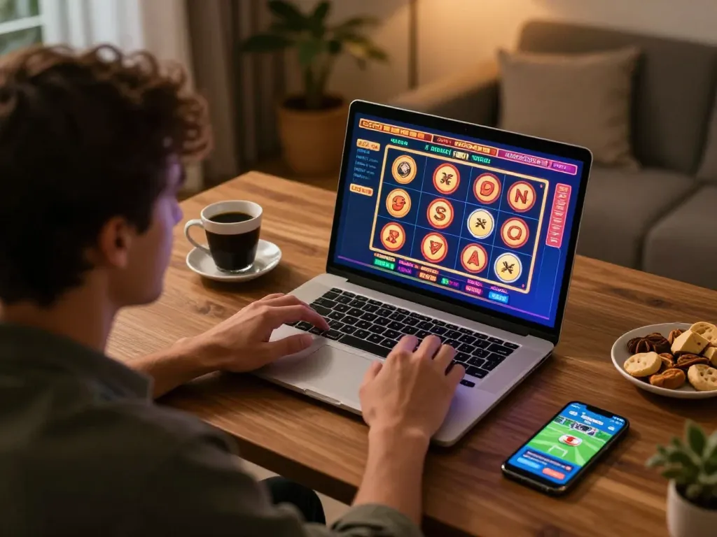 Player engaging with vua99 online slots on a laptop in a cozy home setting, illustrating casual gambling.