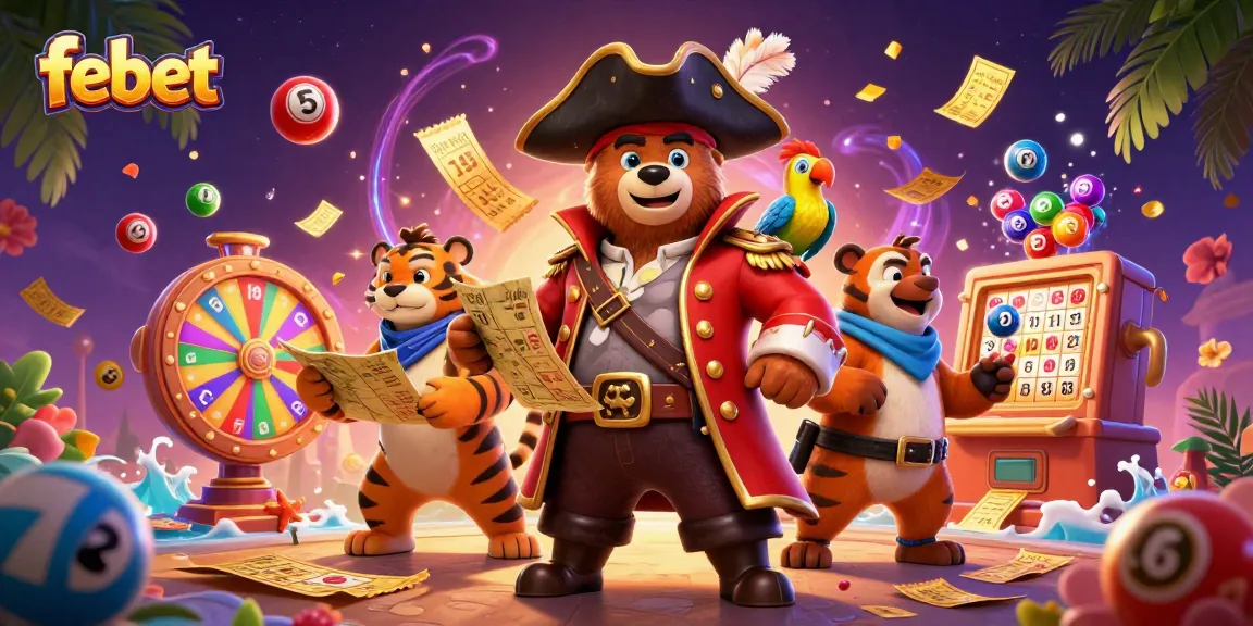 Engage in thrilling lottery gaming with febet's vibrant 3D illustration of dynamic characters and exciting elements.