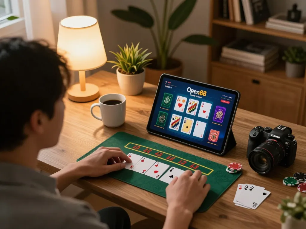 Open88 user engaging in strategic blackjack gameplay on a tablet in a cozy room setting.