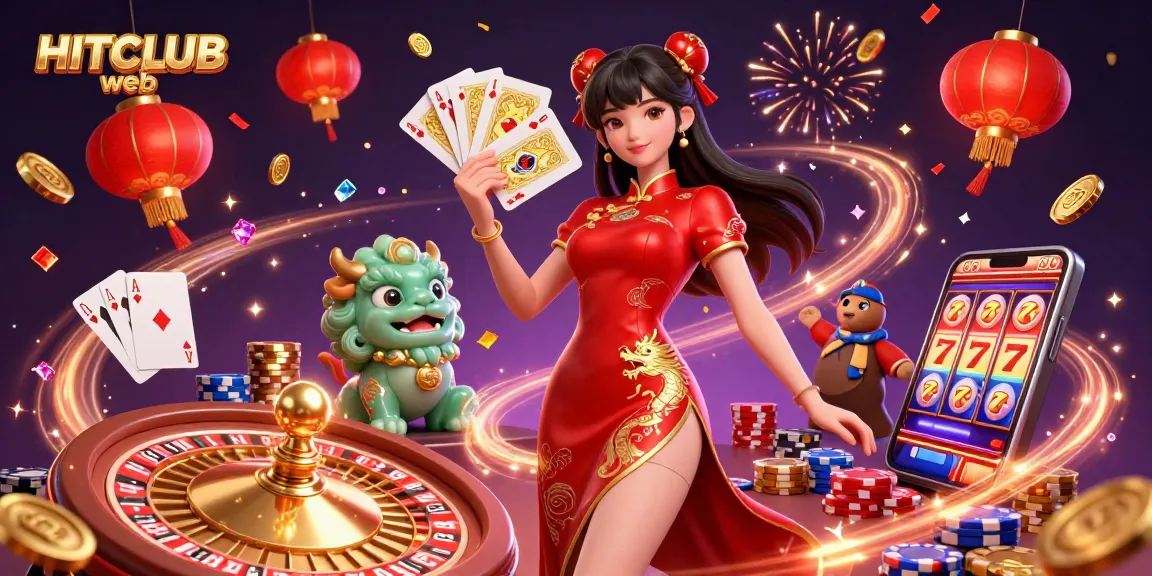 Join HITCLUB web for an immersive experience with golden coins, cards, and vibrant casino elements.