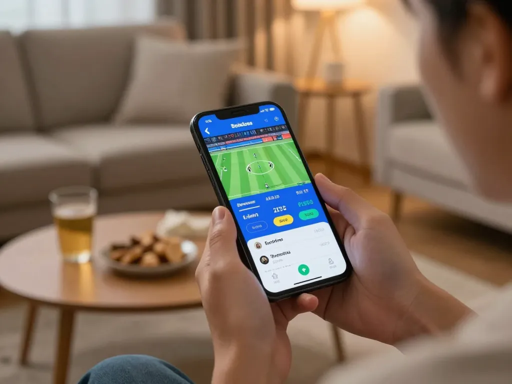 Engaging in bóng đá trực tuyến through a smartphone, showcasing live betting excitement and comfortable home setting.