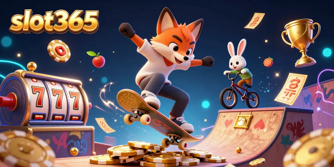 Experience thrills with slot365 illustrated in a dynamic scene of a fox and rabbit in a casino-themed showdown.