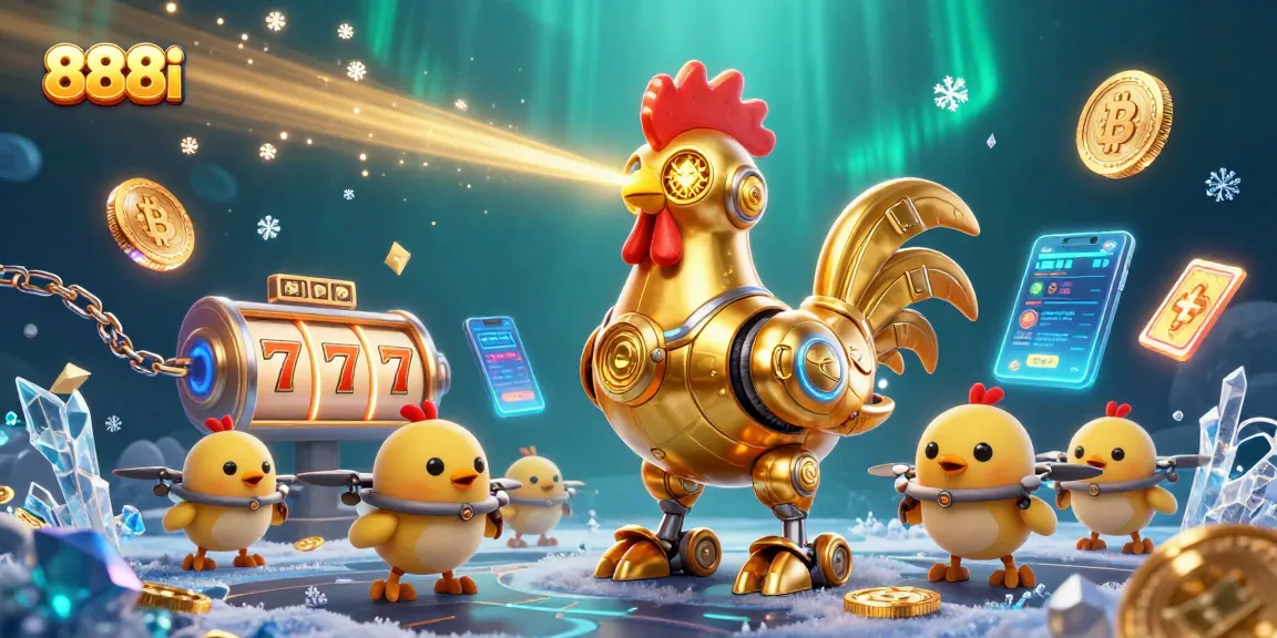Engage with thrilling slots at 888i, featuring a dynamic golden rooster robot and baby chick drones.