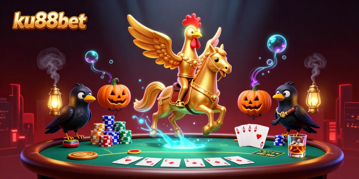 Engage with ku88bet in a mesmerizing casino adventure featuring a golden rooster on a spectral horse.