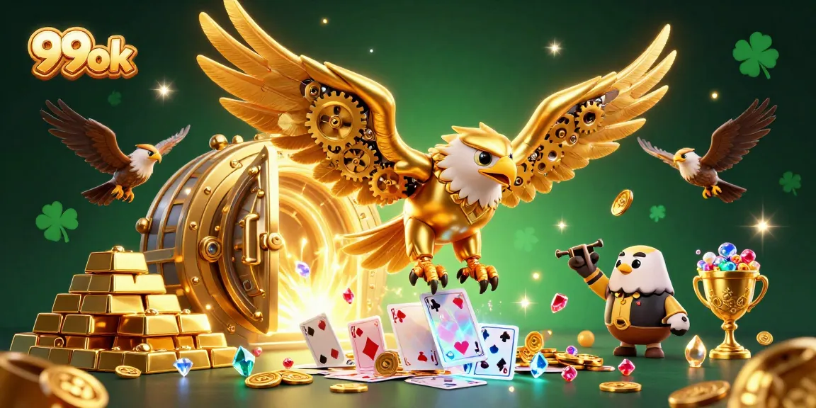 Engage with 99ok in a vibrant casino scene filled with golden treasures and gaming excitement.