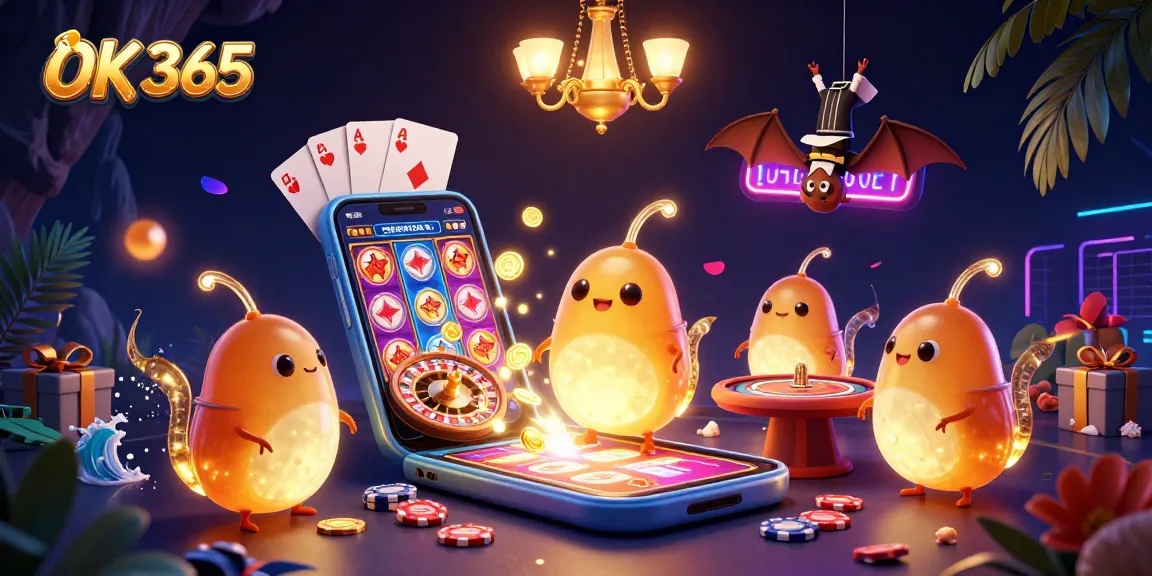Experience excitement with OK 365 in a vibrant cave casino featuring animated glowworms and immersive gaming elements.